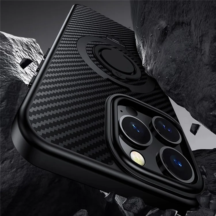 For iPhone 16 Pro Case Compatible with MagSafe Kickstand Carbon Fiber Texture PC+TPU Phone Cover with Silicone Ring - Black