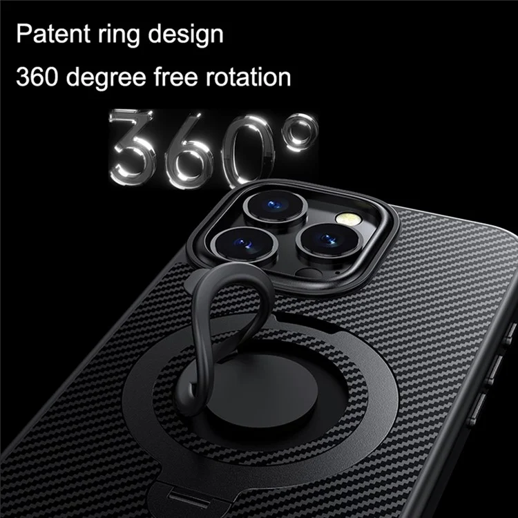For iPhone 16 Pro Case Compatible with MagSafe Kickstand Carbon Fiber Texture PC+TPU Phone Cover with Silicone Ring - Black