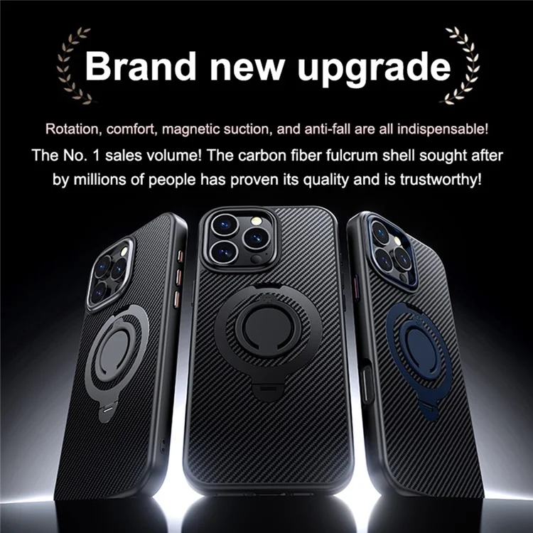 For iPhone 16 Pro Case Compatible with MagSafe Kickstand Carbon Fiber Texture PC+TPU Phone Cover with Silicone Ring - Black
