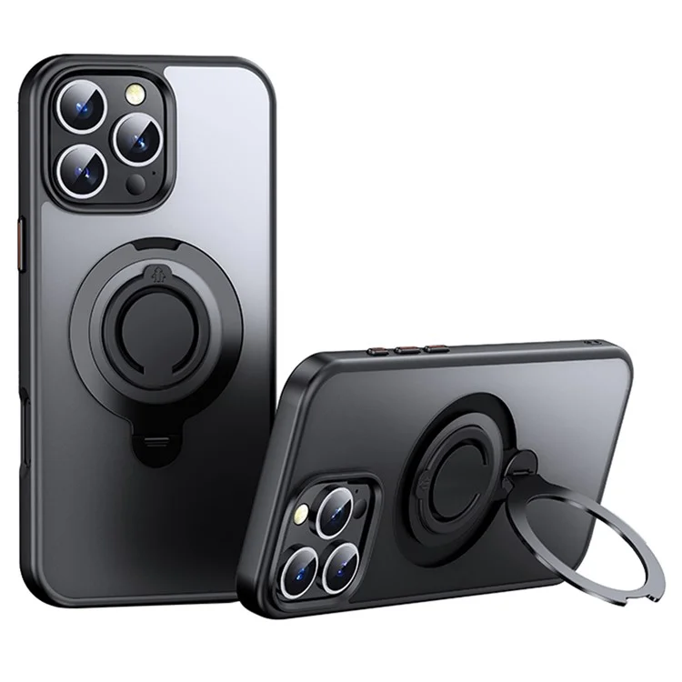 For iPhone 16 Pro Case Compatible with MagSafe Kickstand Translucent PC+TPU Phone Cover with Silicone Ring - Black