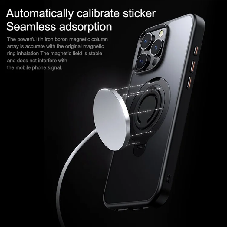 For iPhone 16 Pro Case Compatible with MagSafe Kickstand Translucent PC+TPU Phone Cover with Silicone Ring - Black