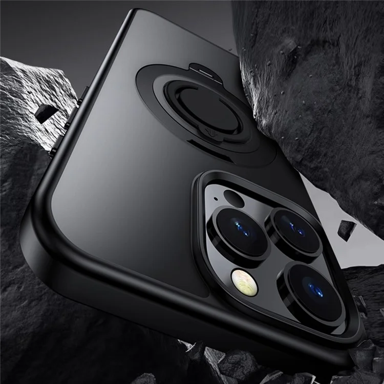 For iPhone 16 Pro Case Compatible with MagSafe Kickstand Translucent PC+TPU Phone Cover with Silicone Ring - Black