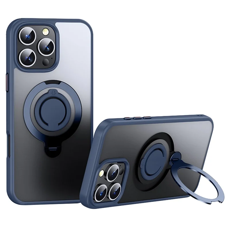 For iPhone 16 Pro Max Case Compatible with MagSafe Kickstand Translucent PC+TPU Phone Cover with Silicone Ring - Blue