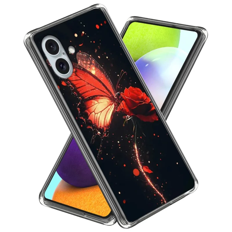 For iPhone 16 Case Pattern Printed Shockproof TPU Phone Cover - Red Butterfly Rose