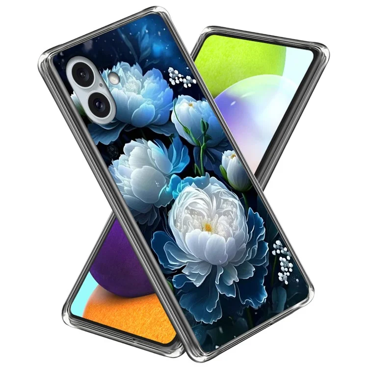 For iPhone 16 Plus Case Pattern Printed Shockproof TPU Phone Cover - White Peony