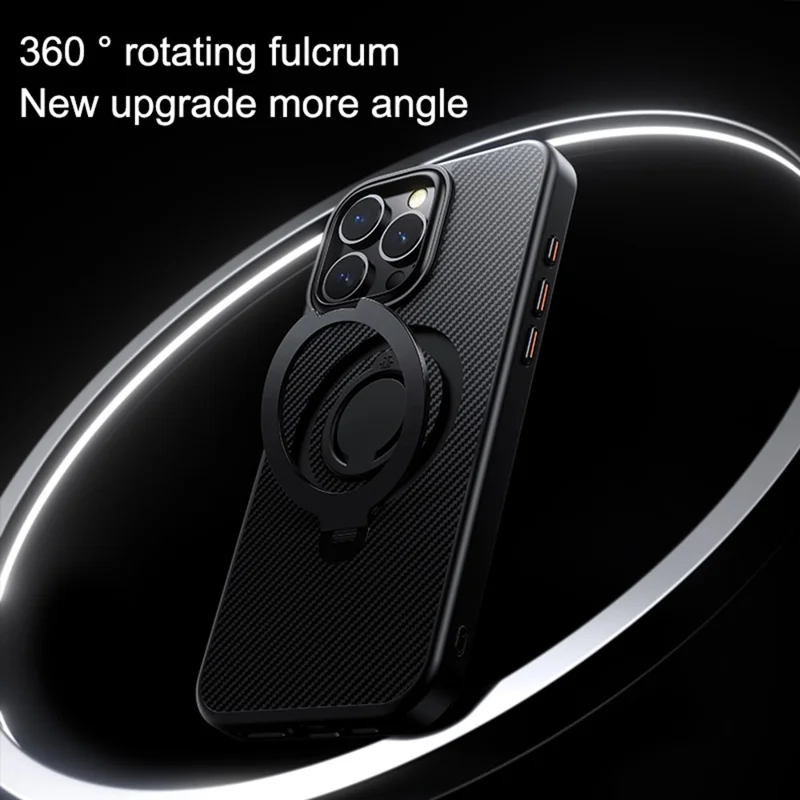 For iPhone 15 Pro Case Compatible with MagSafe Kickstand Carbon Fiber Texture PC+TPU Phone Cover with Silicone Ring - Black