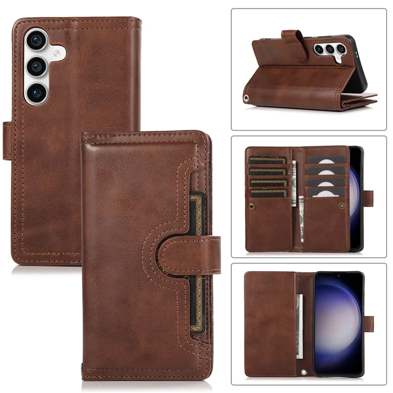 For Samsung Galaxy S25+ Case Split Leather Magnetic Wallet Phone Protector with Wrist Strap - Coffee