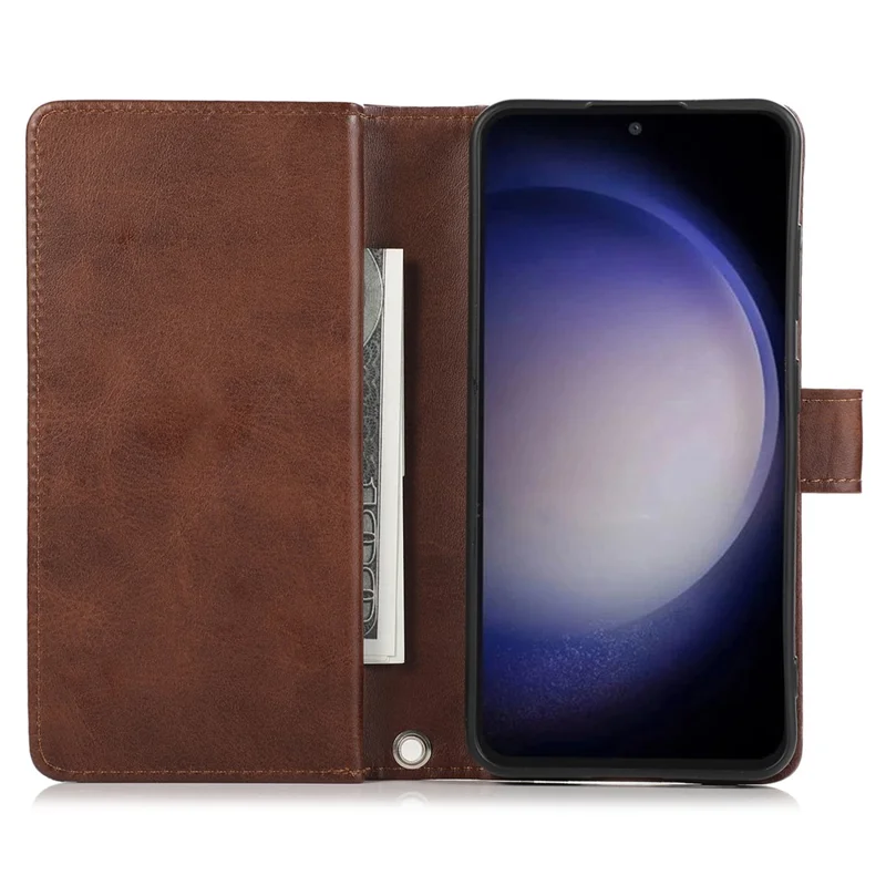 For Samsung Galaxy S25+ Case Split Leather Magnetic Wallet Phone Protector with Wrist Strap - Coffee