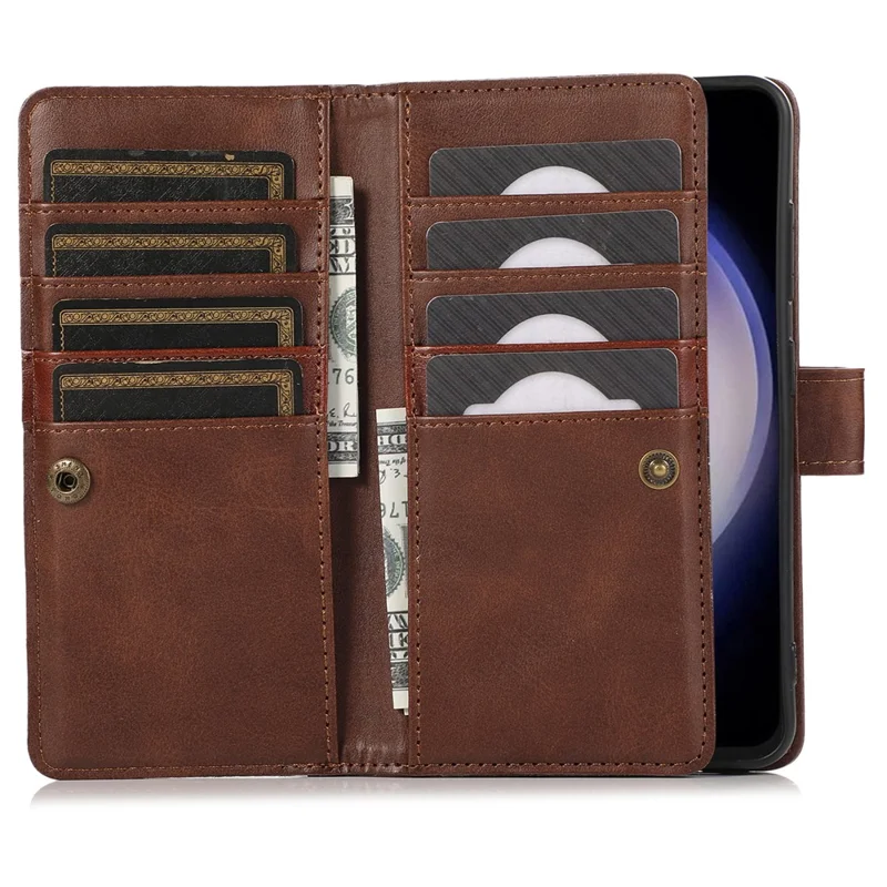 For Samsung Galaxy S25+ Case Split Leather Magnetic Wallet Phone Protector with Wrist Strap - Coffee