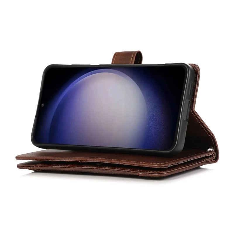 For Samsung Galaxy S25+ Case Split Leather Magnetic Wallet Phone Protector with Wrist Strap - Coffee