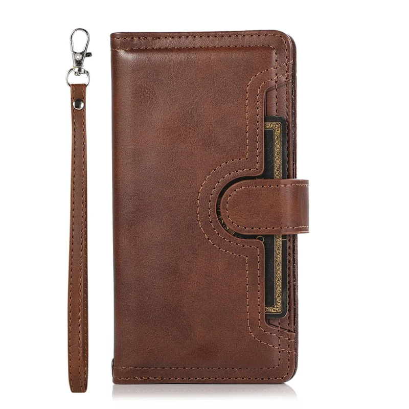 For Samsung Galaxy S25+ Case Split Leather Magnetic Wallet Phone Protector with Wrist Strap - Coffee