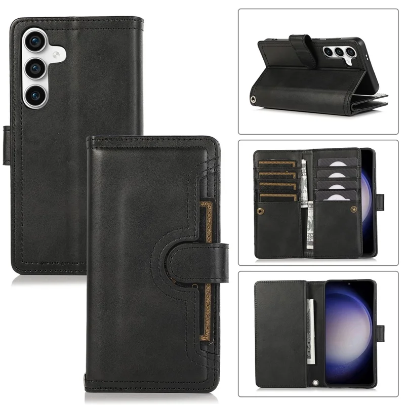For Samsung Galaxy S25 Case Split Leather Magnetic Wallet Phone Protector with Wrist Strap - Black