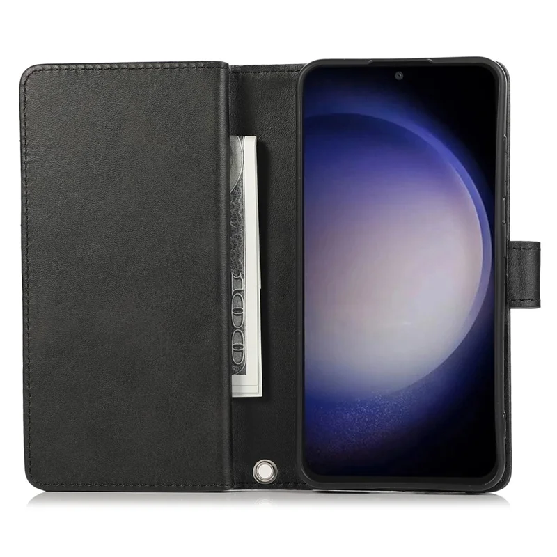 For Samsung Galaxy S25 Case Split Leather Magnetic Wallet Phone Protector with Wrist Strap - Black