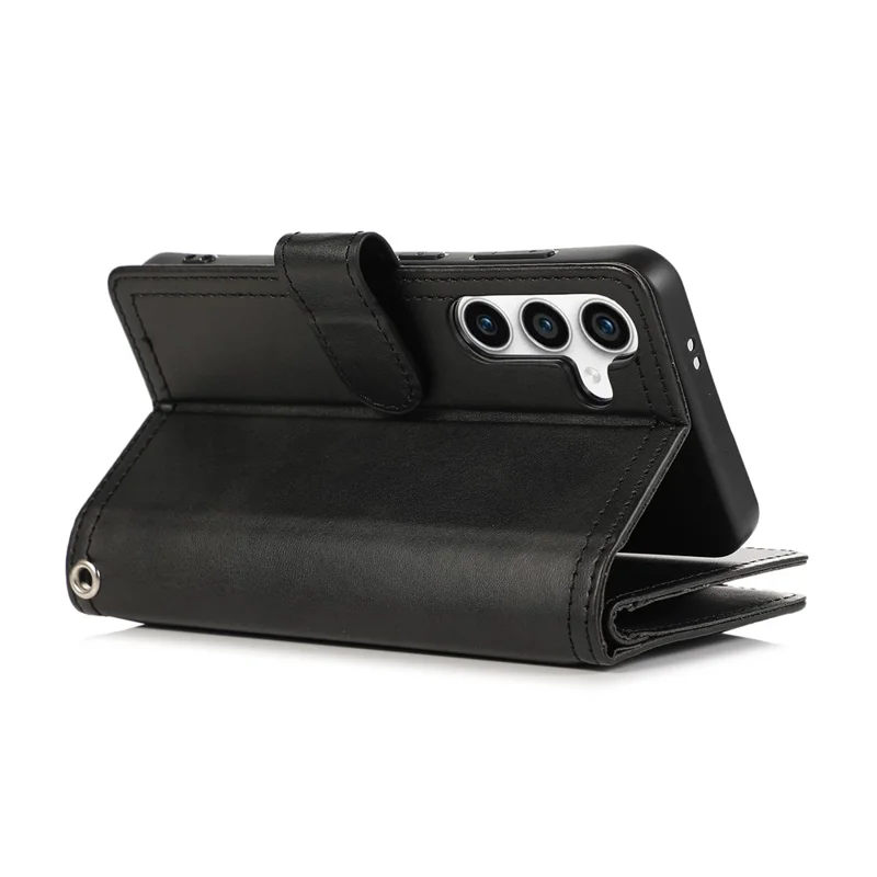 For Samsung Galaxy S25 Case Split Leather Magnetic Wallet Phone Protector with Wrist Strap - Black