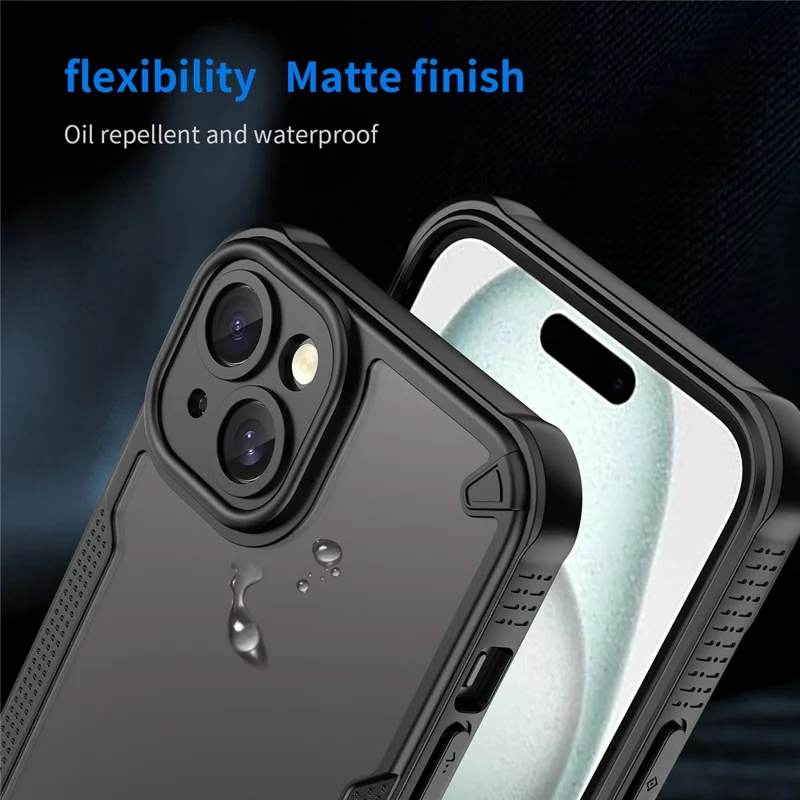 Armor Series For iPhone 15 Case PC+TPU Semi-Transparent Frosted Finish Protective Phone Cover - Black