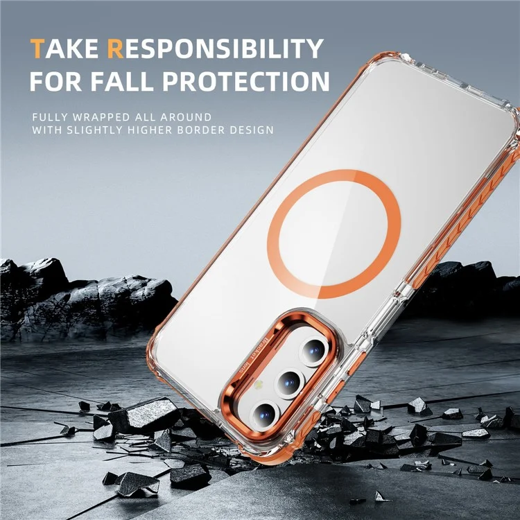 Para Samsung Galaxy A25 5G (Global) (161.0 x 76.5 x 8.3mm) Funda de teléfono transparente con soporte para lente Compatible con MagSafe - Naranja