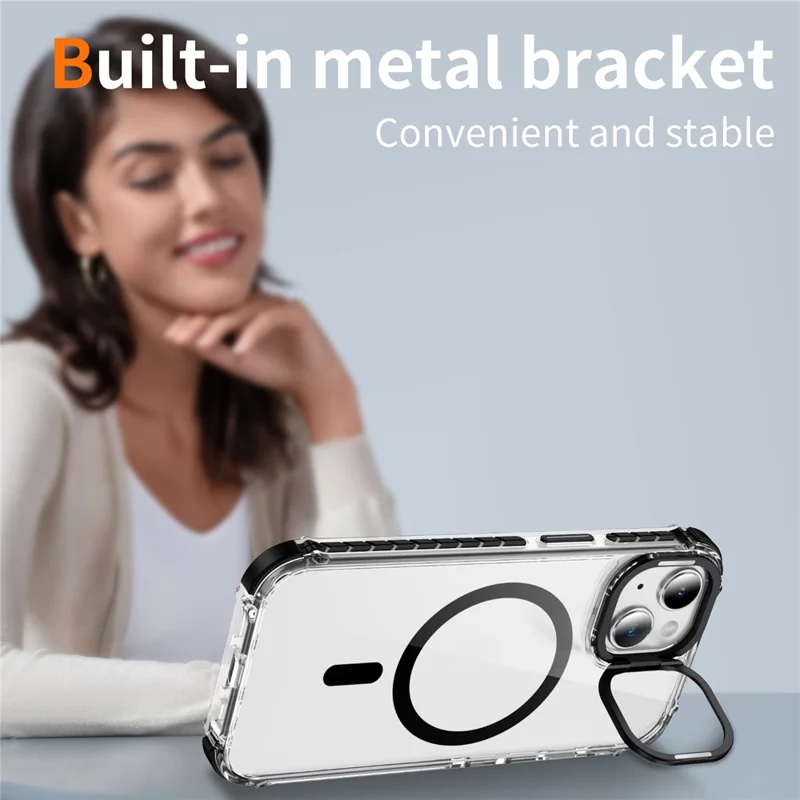 For iPhone 14 / 13 Clear Phone Case with Lens Kickstand Cover Compatible with MagSafe - Black