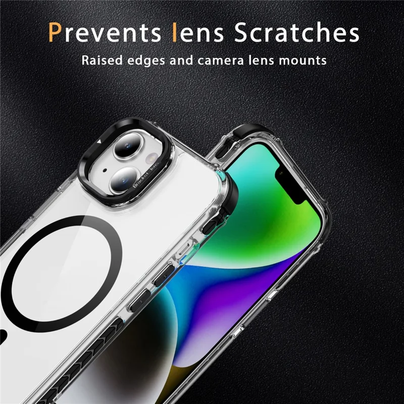 For iPhone 14 / 13 Clear Phone Case with Lens Kickstand Cover Compatible with MagSafe - Black