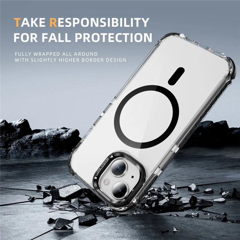 For iPhone 14 / 13 Clear Phone Case with Lens Kickstand Cover Compatible with MagSafe - Black