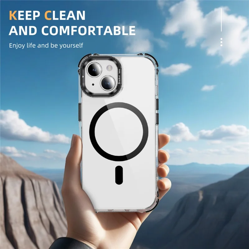 For iPhone 14 / 13 Clear Phone Case with Lens Kickstand Cover Compatible with MagSafe - Black