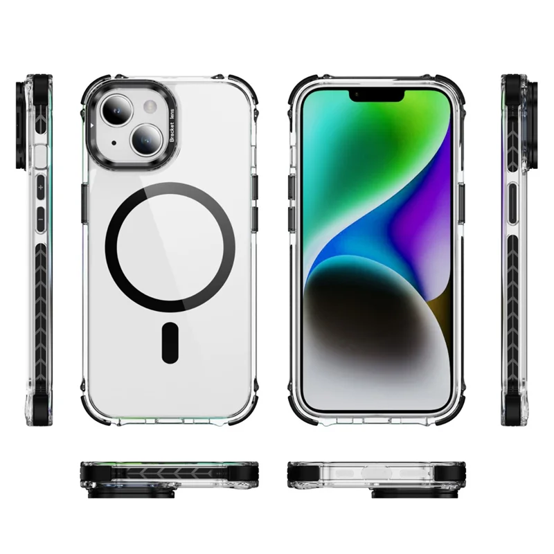 For iPhone 14 / 13 Clear Phone Case with Lens Kickstand Cover Compatible with MagSafe - Black