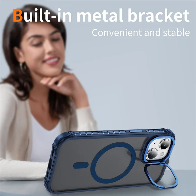 For iPhone 14 / 13 Case with Lens Kickstand Matte Back Cover Compatible with MagSafe - Blue
