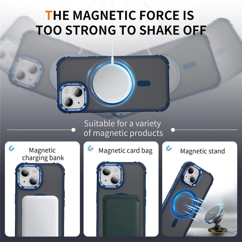 For iPhone 14 / 13 Case with Lens Kickstand Matte Back Cover Compatible with MagSafe - Blue
