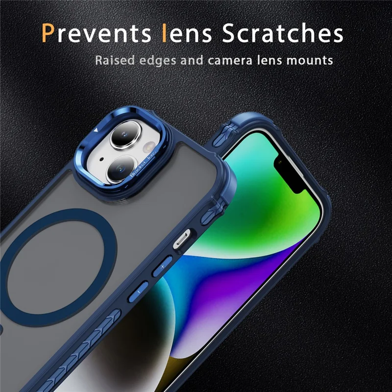For iPhone 14 / 13 Case with Lens Kickstand Matte Back Cover Compatible with MagSafe - Blue
