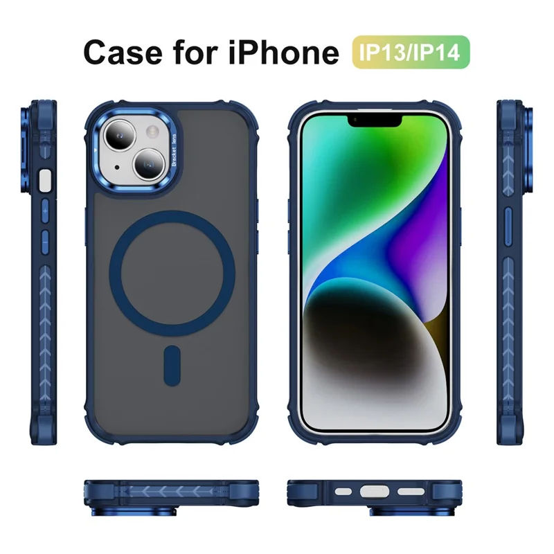 For iPhone 14 / 13 Case with Lens Kickstand Matte Back Cover Compatible with MagSafe - Blue