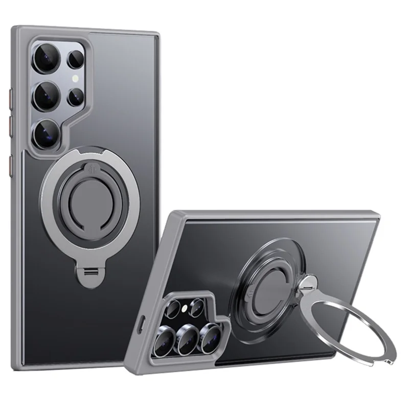 For Samsung Galaxy S24 Ultra Magnetic Case Kickstand Matte PC+TPU Phone Cover with Silicone Ring - Grey