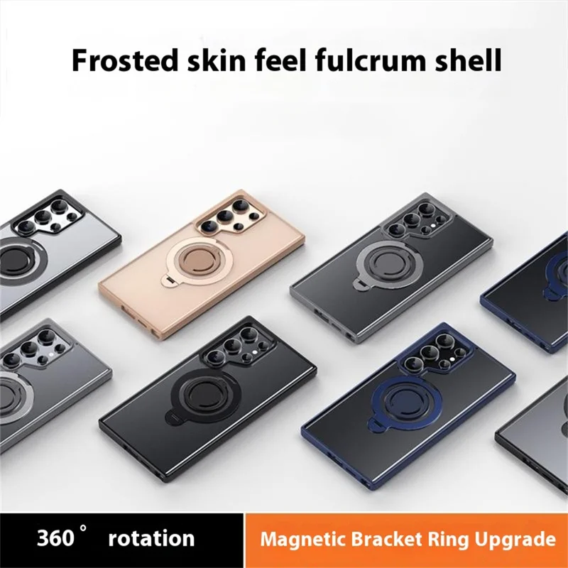 For Samsung Galaxy S24 Ultra Magnetic Case Kickstand Matte PC+TPU Phone Cover with Silicone Ring - Grey