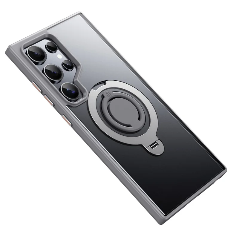 For Samsung Galaxy S24 Ultra Magnetic Case Kickstand Matte PC+TPU Phone Cover with Silicone Ring - Grey