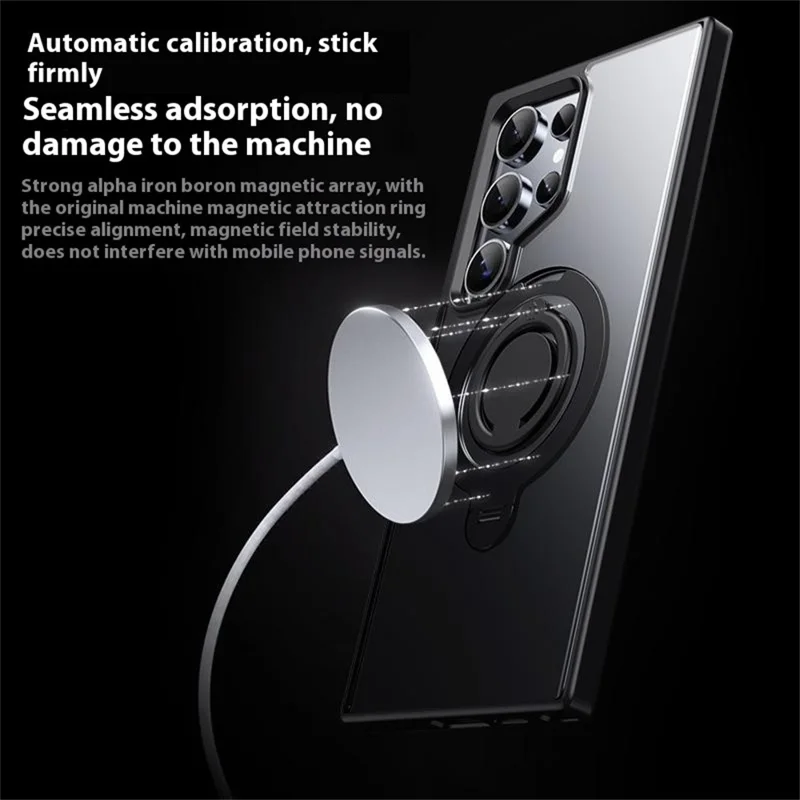 For Samsung Galaxy S24 Ultra Magnetic Case Kickstand Matte PC+TPU Phone Cover with Silicone Ring - Grey