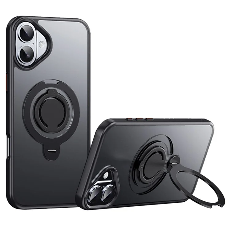 For iPhone 16 Plus Case Compatible with MagSafe Kickstand Matte PC+TPU Phone Cover with Silicone Ring - Black