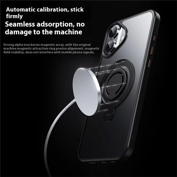 For iPhone 16 Plus Case Compatible with MagSafe Kickstand Matte PC+TPU Phone Cover with Silicone Ring - Black