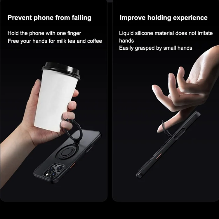 For iPhone 16 Pro Max Case Compatible with MagSafe Kickstand Matte PC+TPU Phone Cover with Silicone Ring - Black