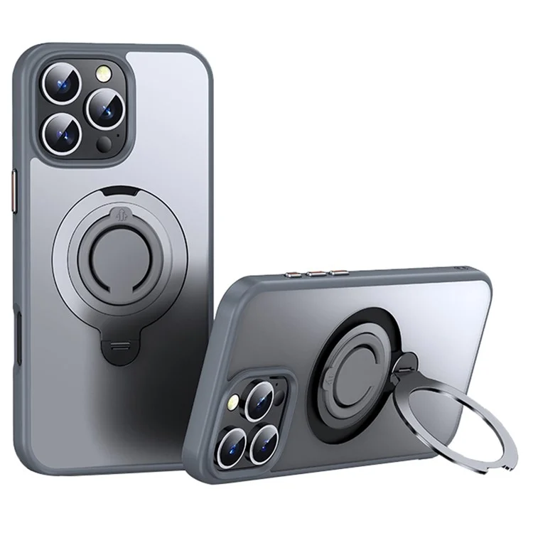 For iPhone 16 Pro Case Compatible with MagSafe Kickstand Matte PC+TPU Phone Cover with Silicone Ring - Grey