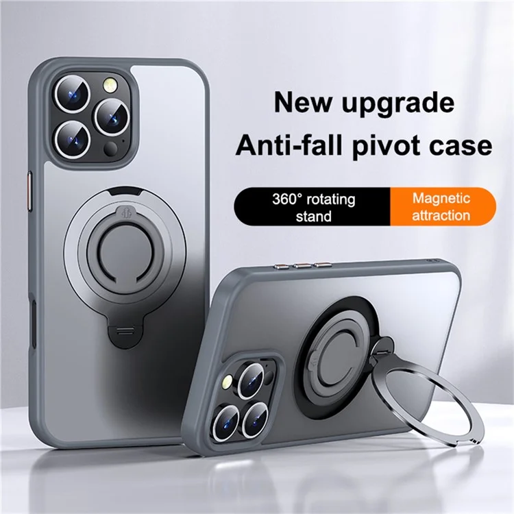 For iPhone 16 Pro Case Compatible with MagSafe Kickstand Matte PC+TPU Phone Cover with Silicone Ring - Grey