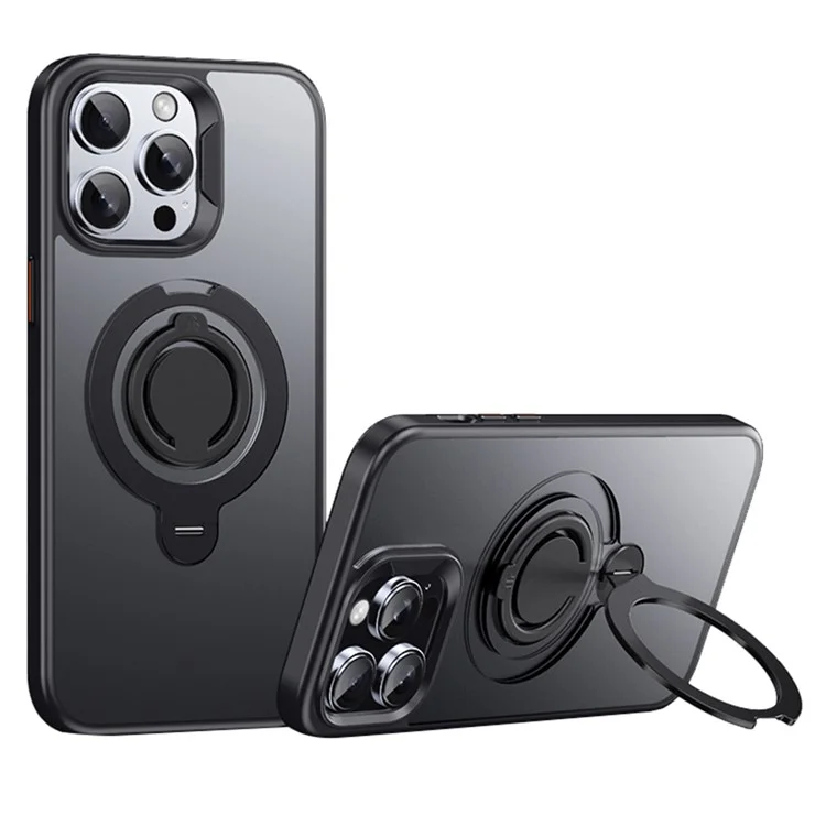 For iPhone 15 Pro Max Case Compatible with MagSafe Kickstand Matte PC+TPU Phone Cover with Silicone Ring - Black