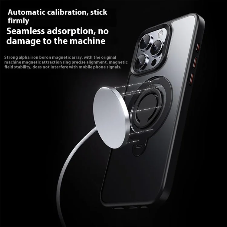 For iPhone 15 Pro Max Case Compatible with MagSafe Kickstand Matte PC+TPU Phone Cover with Silicone Ring - Black