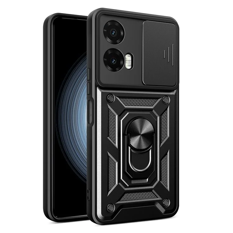 Чехол для Motorola Moto G35 5G с выдвижной крышкой камеры, PC+TPU, с подставкой - черный