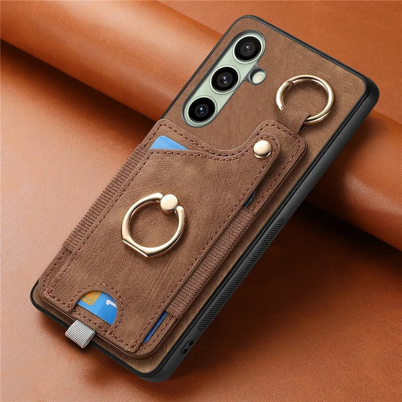 For Samsung Galaxy S24 FE Case Card Slots Leather+TPU Phone Cover with Ring Buckle - Brown