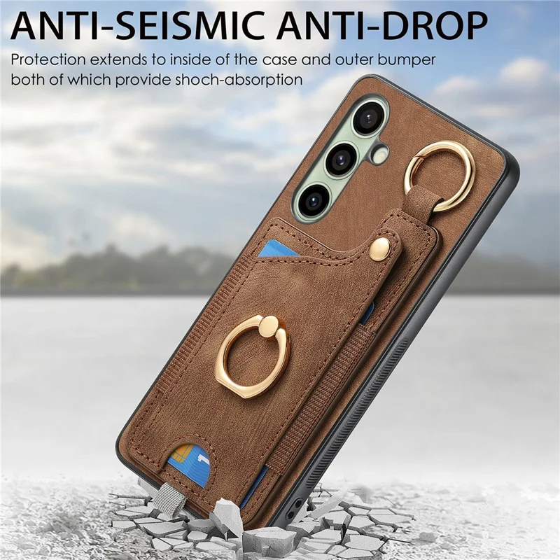 For Samsung Galaxy S24 FE Case Card Slots Leather+TPU Phone Cover with Ring Buckle - Brown