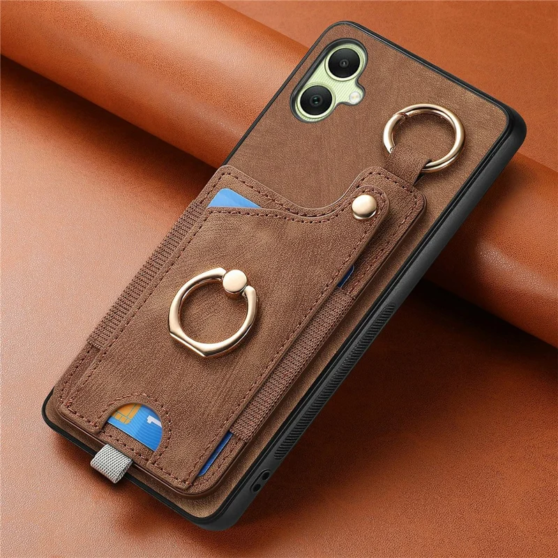 For Samsung Galaxy A06 4G Case Card Slots Leather+TPU Phone Cover with Ring Buckle - Brown