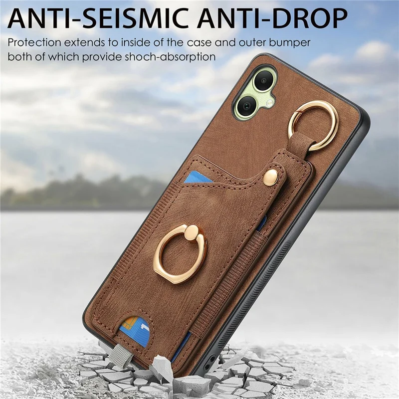 For Samsung Galaxy A06 4G Case Card Slots Leather+TPU Phone Cover with Ring Buckle - Brown