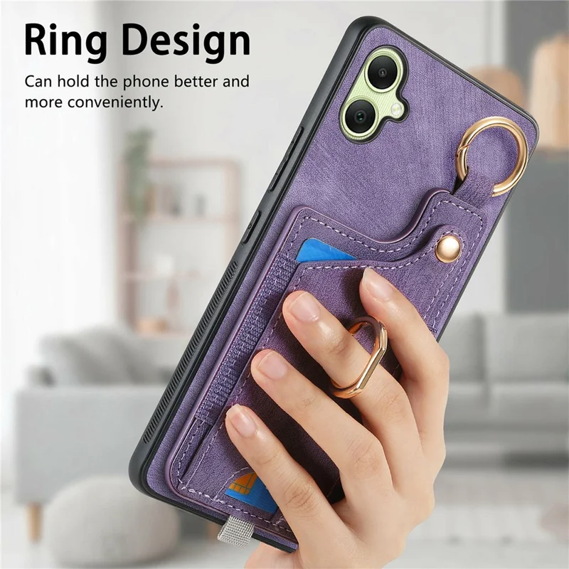 For Samsung Galaxy A06 4G Case Card Slots Leather+TPU Phone Cover with Ring Buckle - Brown