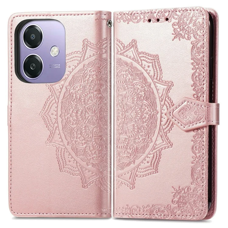 Custodia portafoglio per Oppo A3x 5G con fiore mandala, custodia in pelle per telefono con supporto e vista - Oro rosa