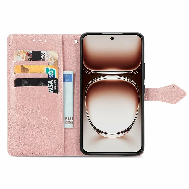 Custodia portafoglio per Oppo A3x 5G con fiore mandala, custodia in pelle per telefono con supporto e vista - Oro rosa