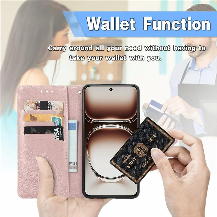 Custodia portafoglio per Oppo A3x 5G con fiore mandala, custodia in pelle per telefono con supporto e vista - Oro rosa