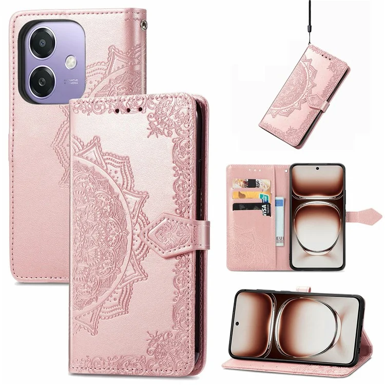 Custodia portafoglio per Oppo A3x 5G con fiore mandala, custodia in pelle per telefono con supporto e vista - Oro rosa
